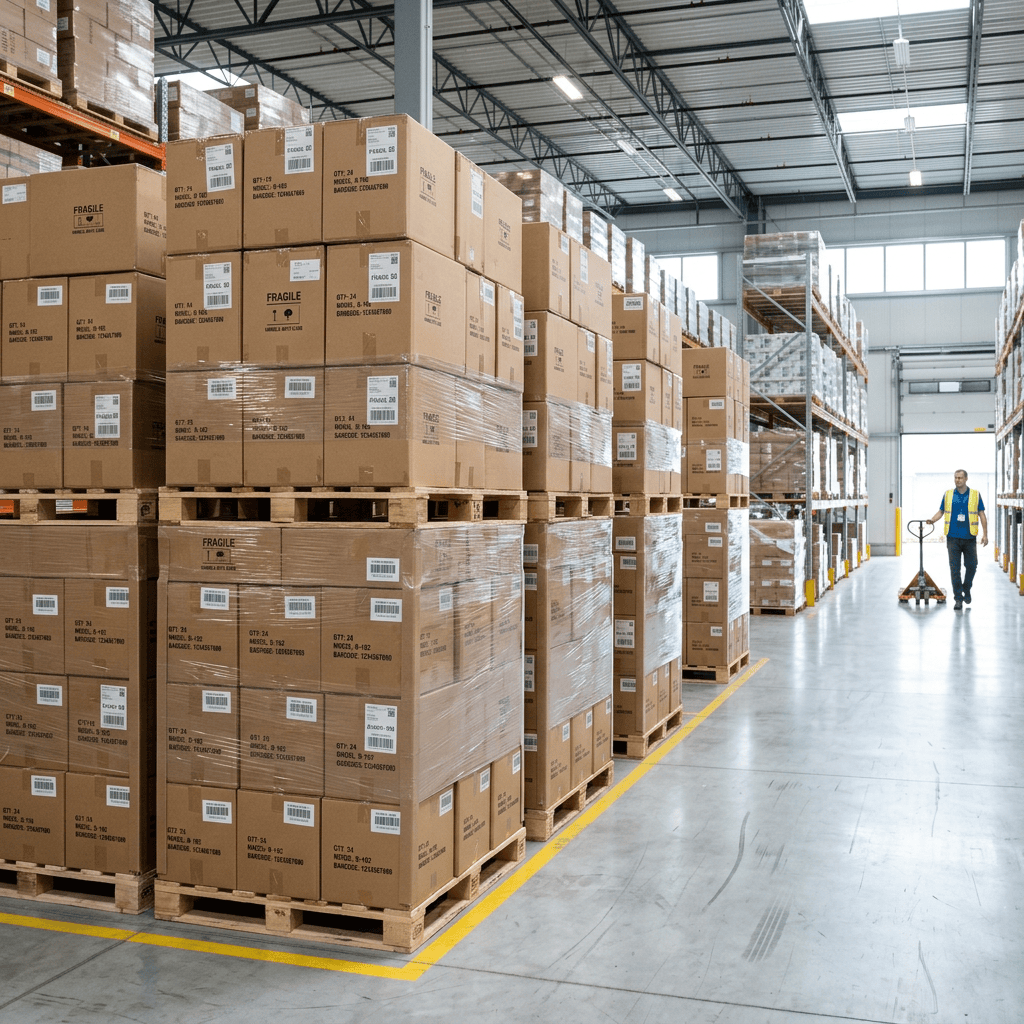 Warehouse with stacked pallets on wooden platforms and a worker moving a pallet jack