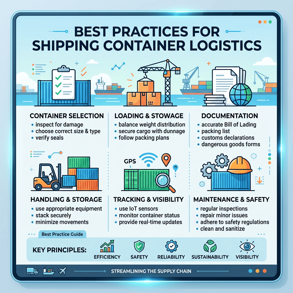 Best practices for shipping container logistics including container selection, loading, documentation, handling, tracking, and safety