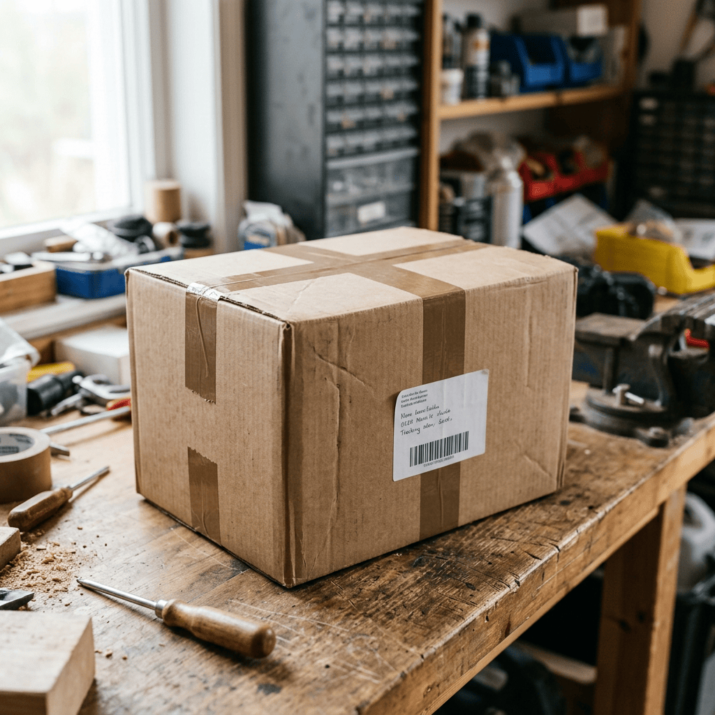 Sealed cardboard box with a shipping label on a cluttered wooden workbench in a workshop.