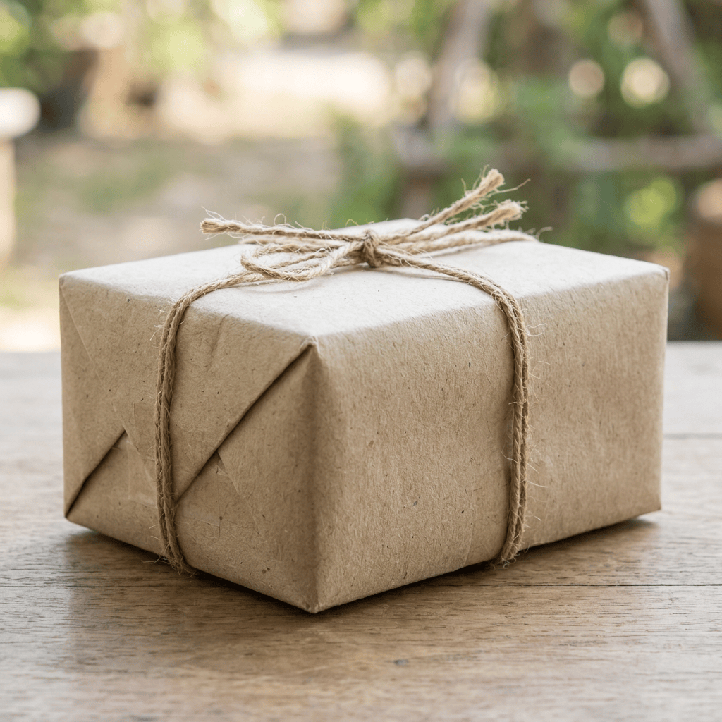 Brown paper wrapped gift box tied with natural twine on wooden surface