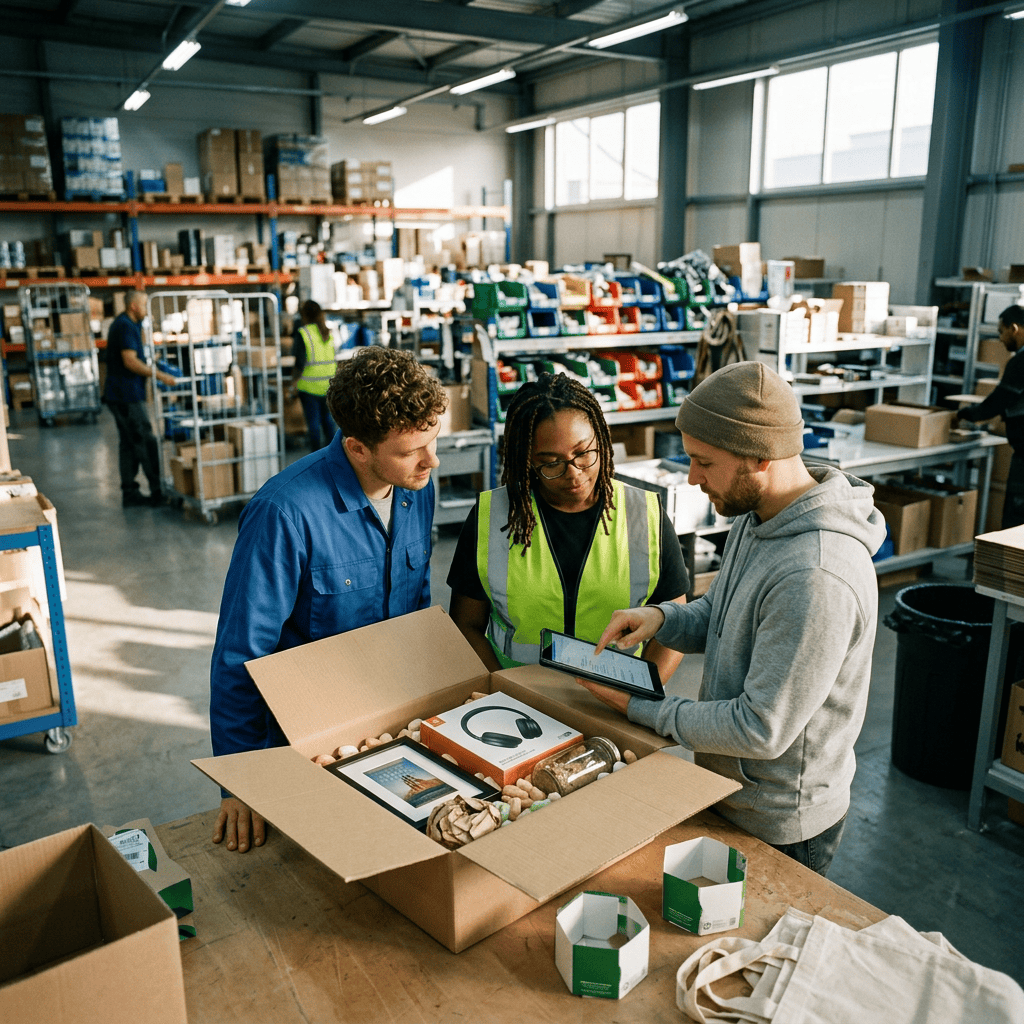 Three warehouse workers packing assorted products into a cardboard box