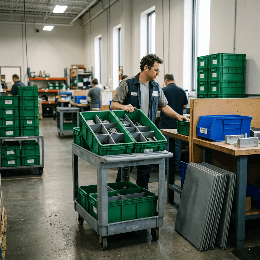 Worker pushing a cart loaded with labeled bins in a warehouse