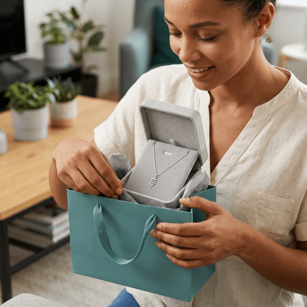 Woman opening a gift box containing a silver pendant necklace