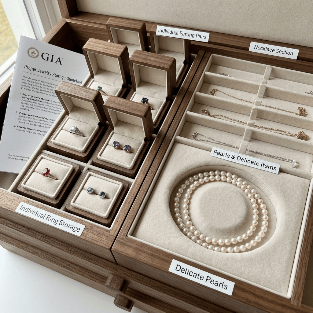 Wooden jewelry organizer labeled Individual Ring Storage, Individual Earring Pairs, Necklace Section, Pearls & Delicate Items, and Delicate Pearls, with a GIA Proper Jewelry Storage Guideline.