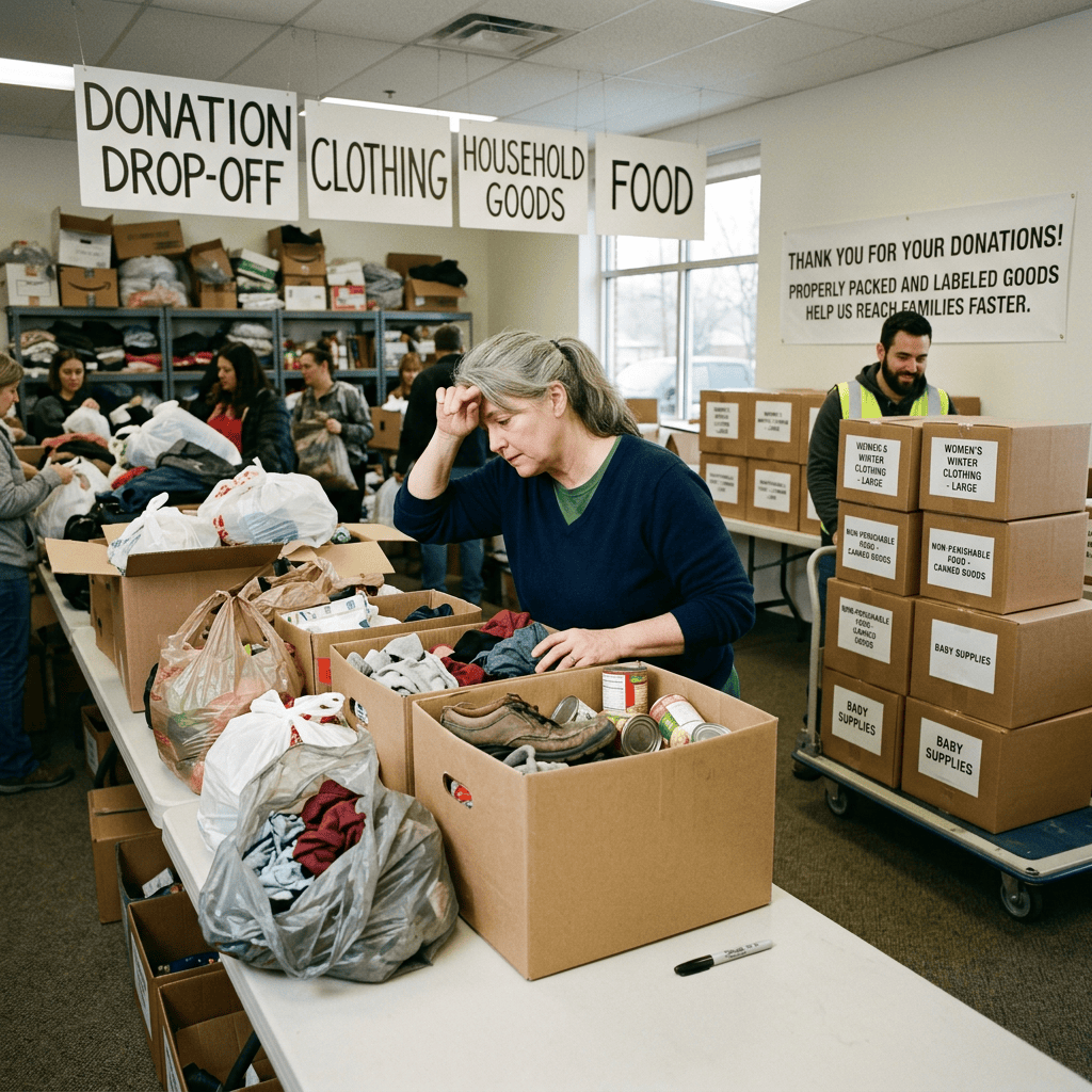 Volunteers sorting clothing, food, and household donations at a community center