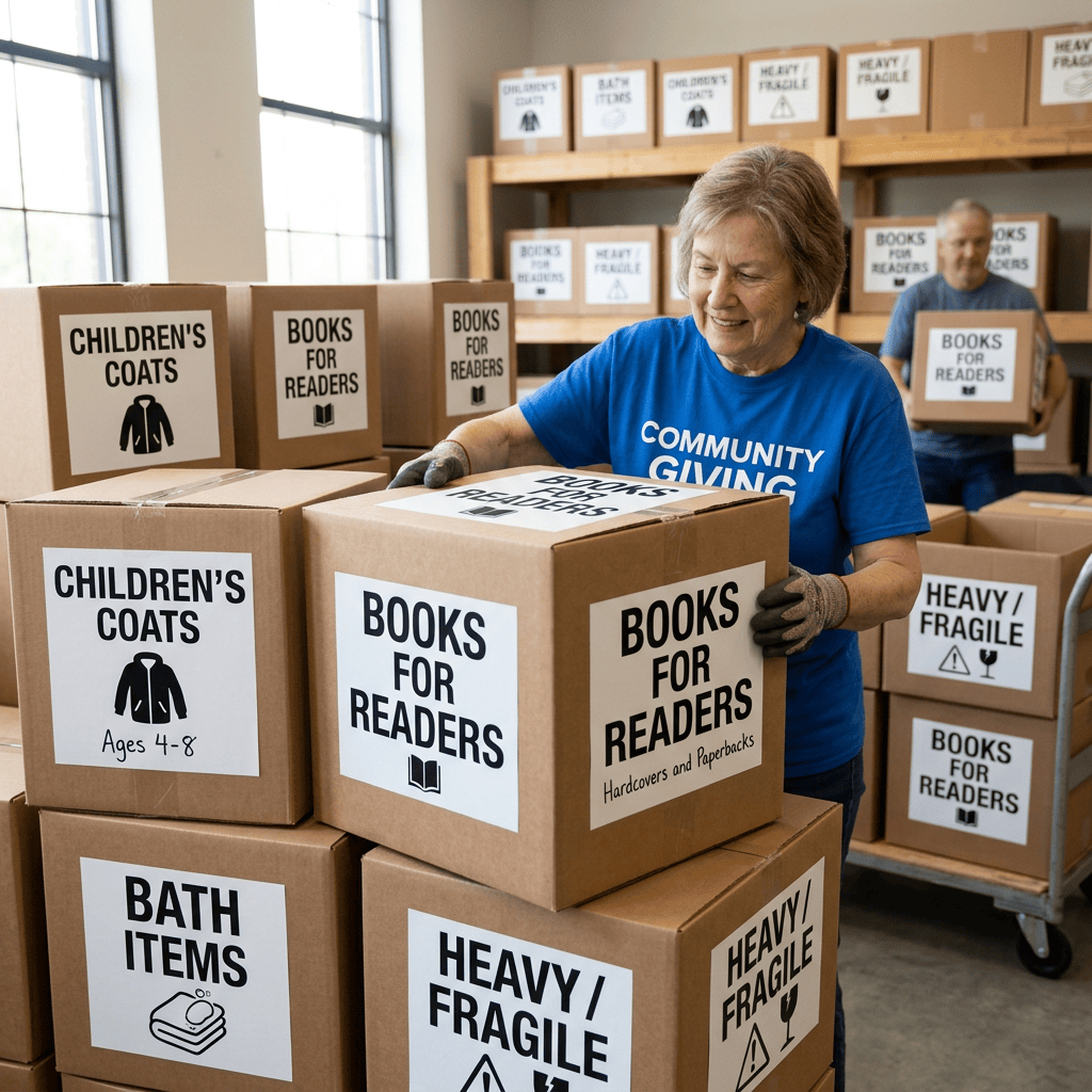 Volunteers sorting labeled donation boxes for community distribution